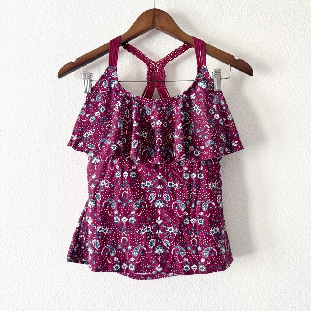 Arizona Jean Paisley Flounce Braided Tankini Swim Top Large Boho Beach